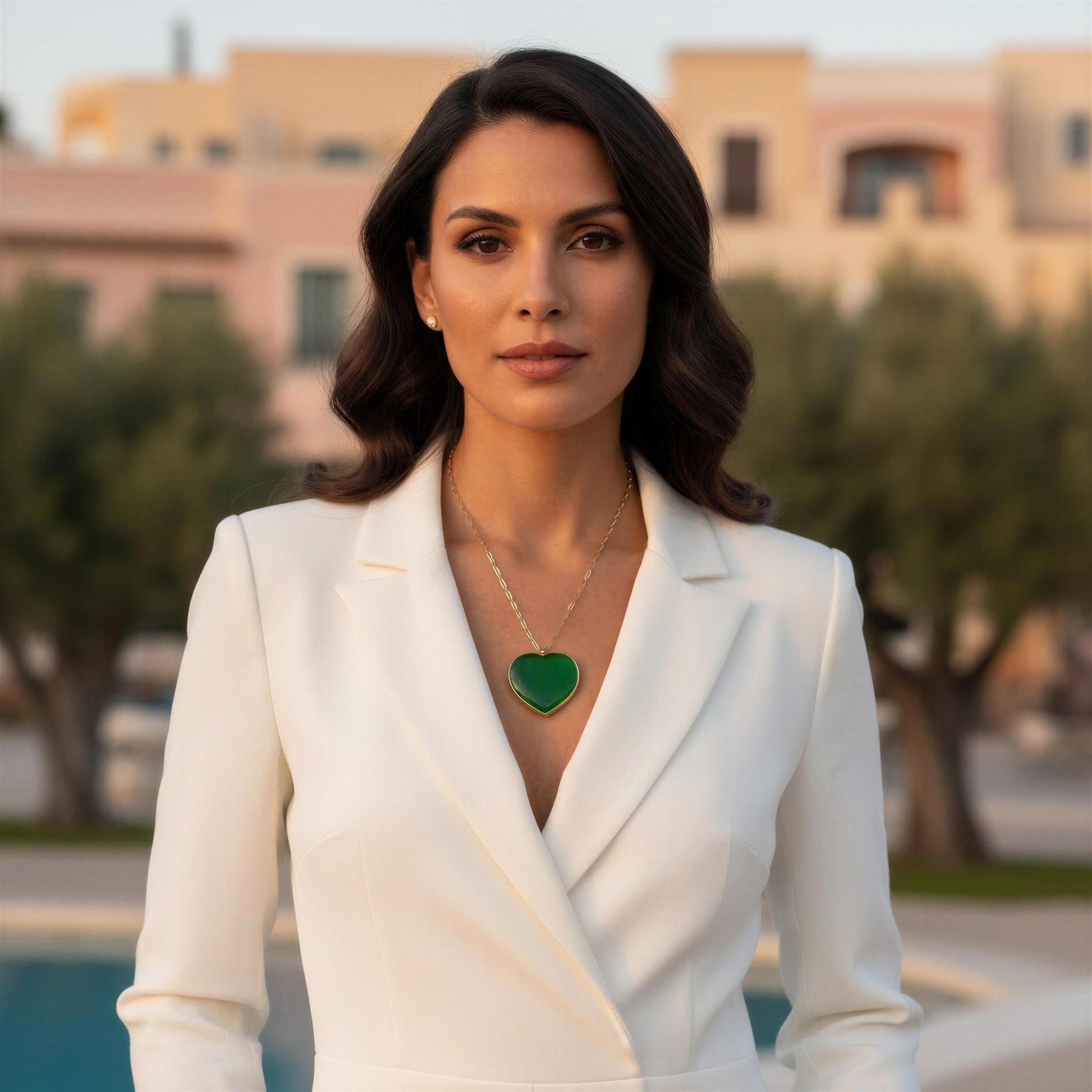 Woman in a white blazer with a the Verde Murano Heart Necklace standing outdoors.