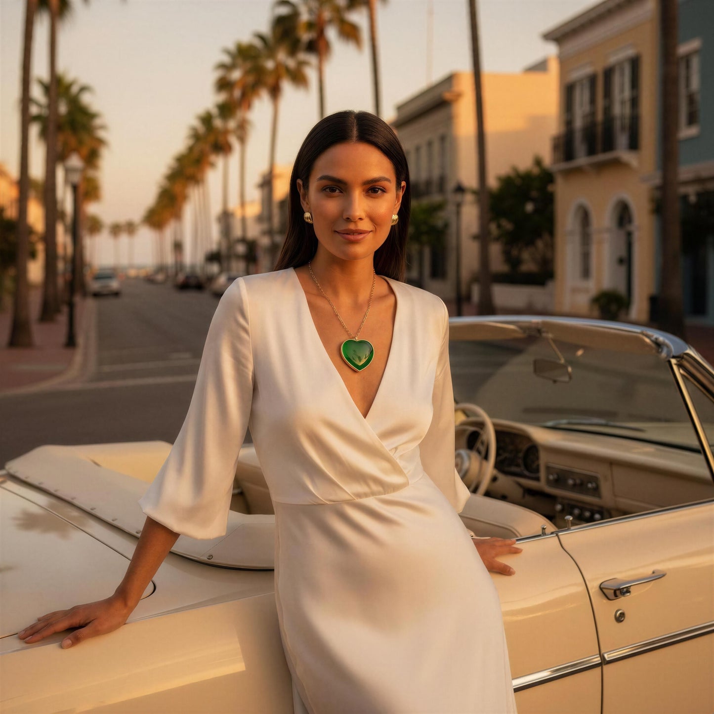 Woman in a white dress standing next to a vintage car on a palm tree-lined street wearing the Verde Murano Heart Necklace.