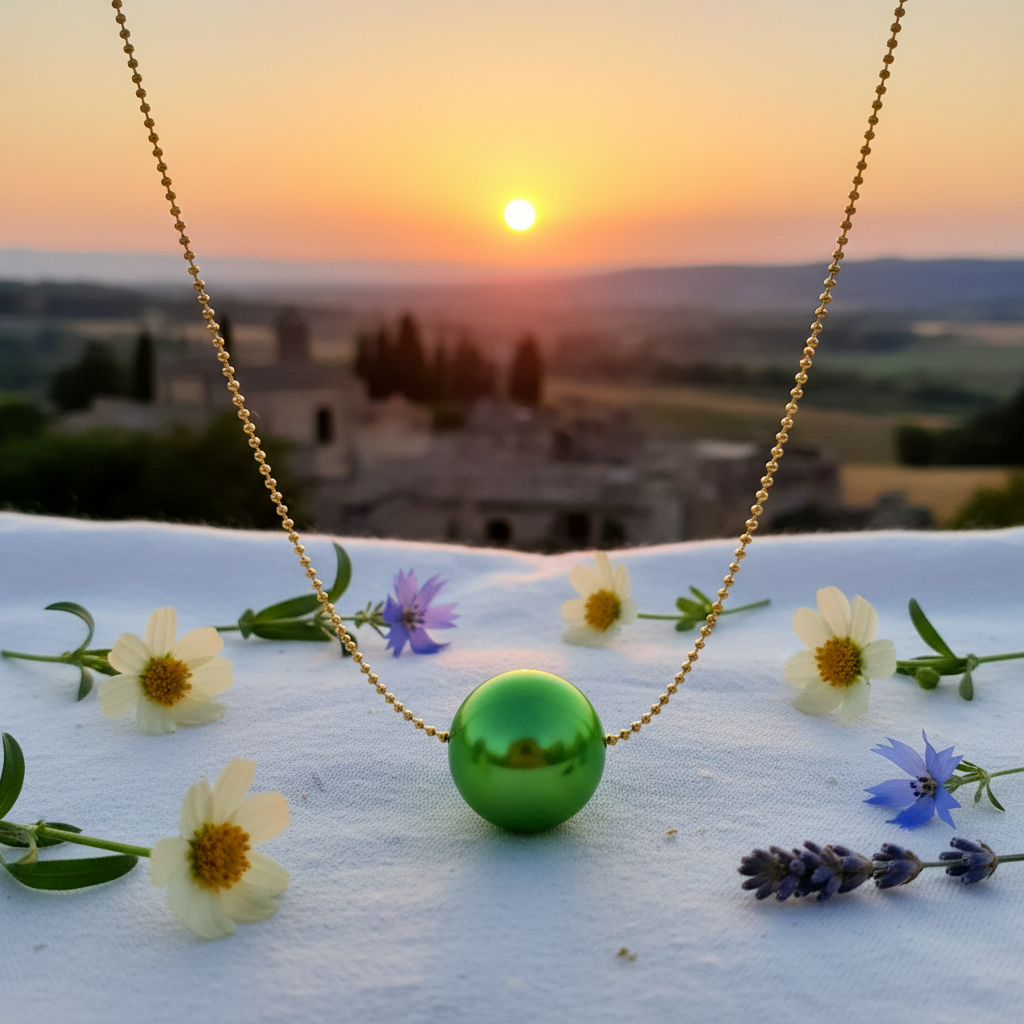 The Verde Petite Sphere Necklace with a green sphere pendant on a surface with flowers and a sunset in the background