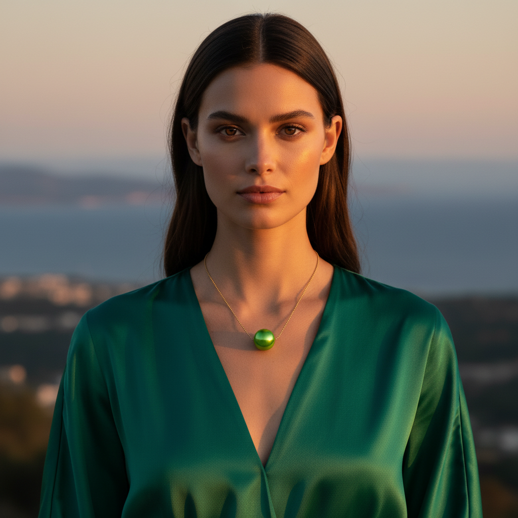 Woman wearing a green blouse with a necklace against a scenic background