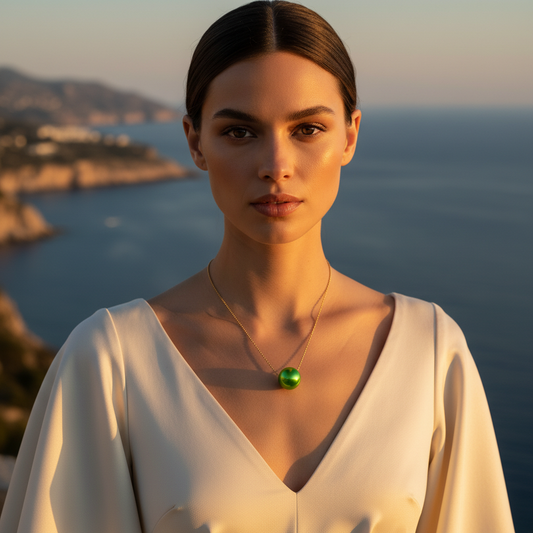 Woman wearing the Verde Petite Sphere Necklace  with a green pendant against a scenic background