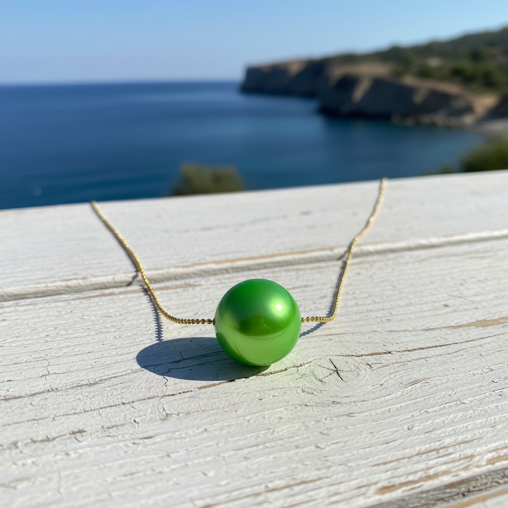 The Verde Petite Sphere Necklace - a green necklace pendant on a wooden surface with a blurred coastal background