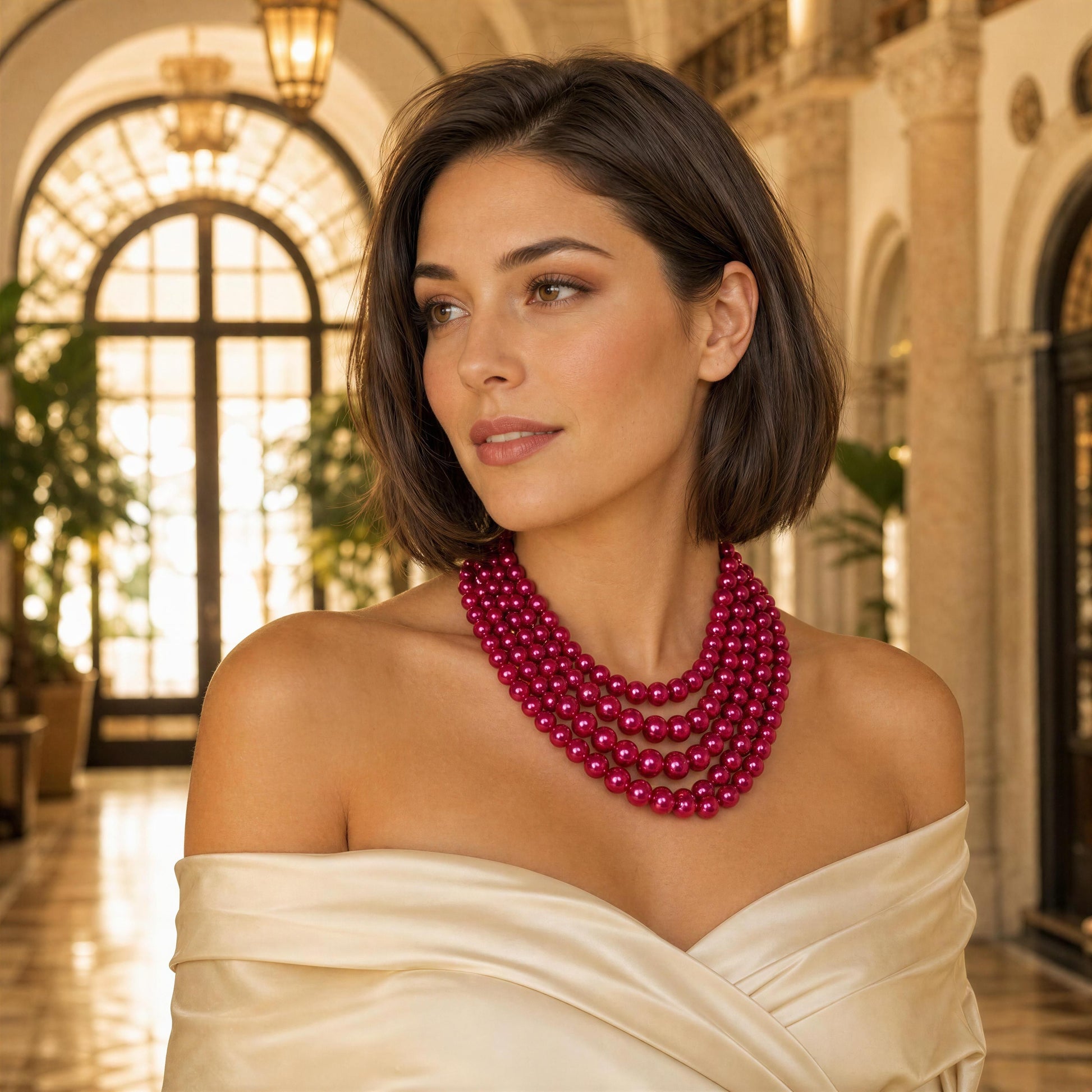Woman wearing the Vienna Rose Pearl Cascade Necklace in an elegant indoor setting