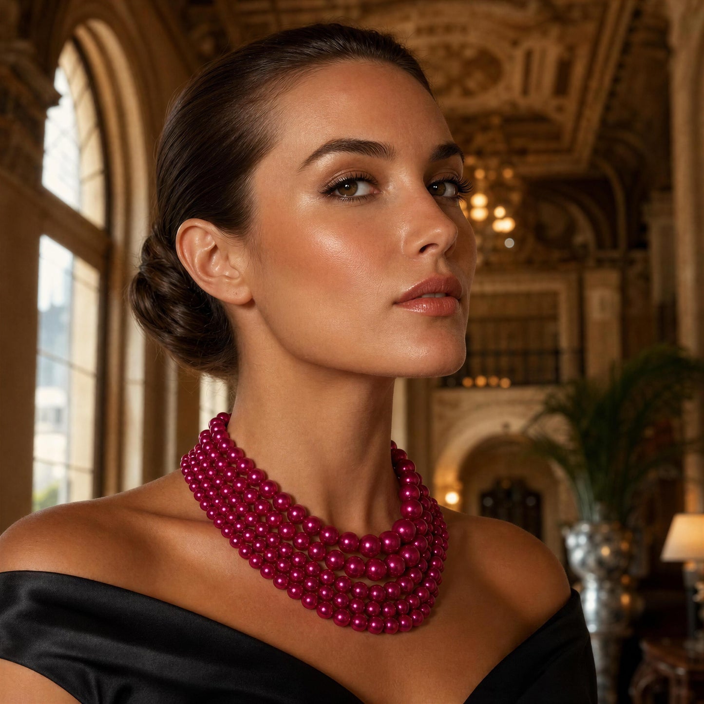 Woman wearing the Vienna Rose Pearl Cascade Necklace in an elegant interior setting