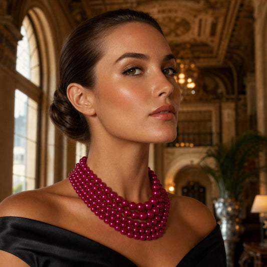 Woman wearing the Vienna Rose Pearl Cascade Necklace in an elegant interior setting