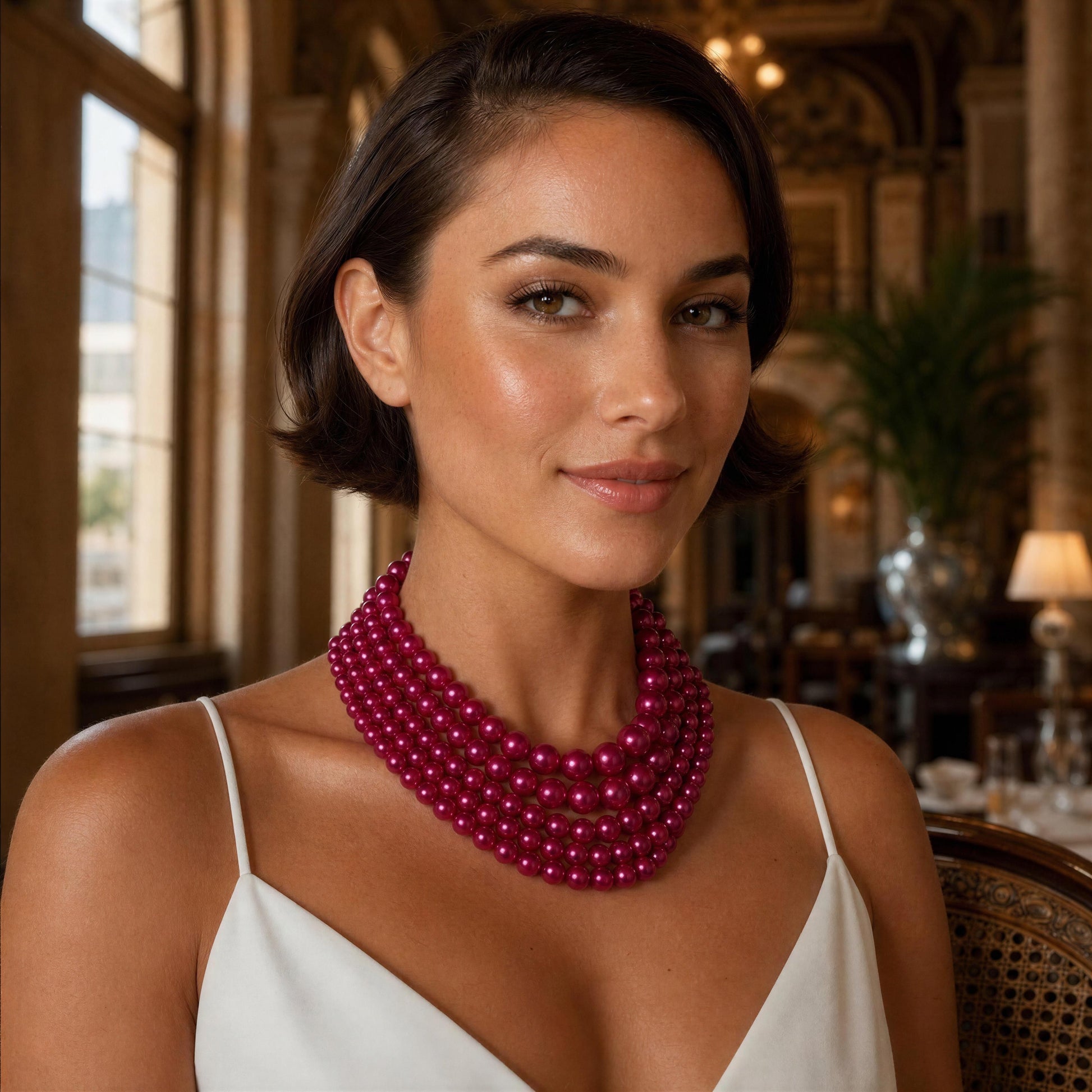 Woman wearing the Chica Chica Jewelry Vienna Rose Pearl Cascade Necklace in an elegant indoor setting