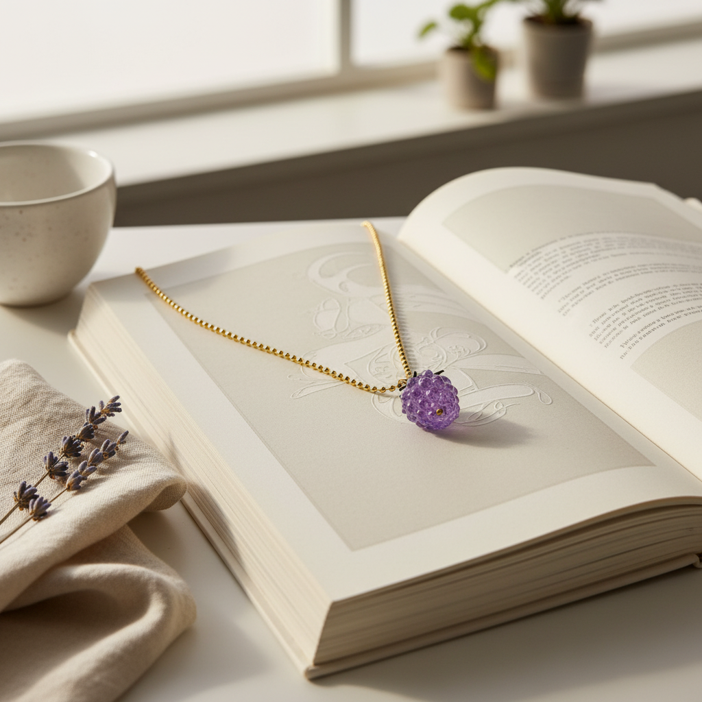Purple floral pendant necklace on an open book with a cup and lavender on a light surface.