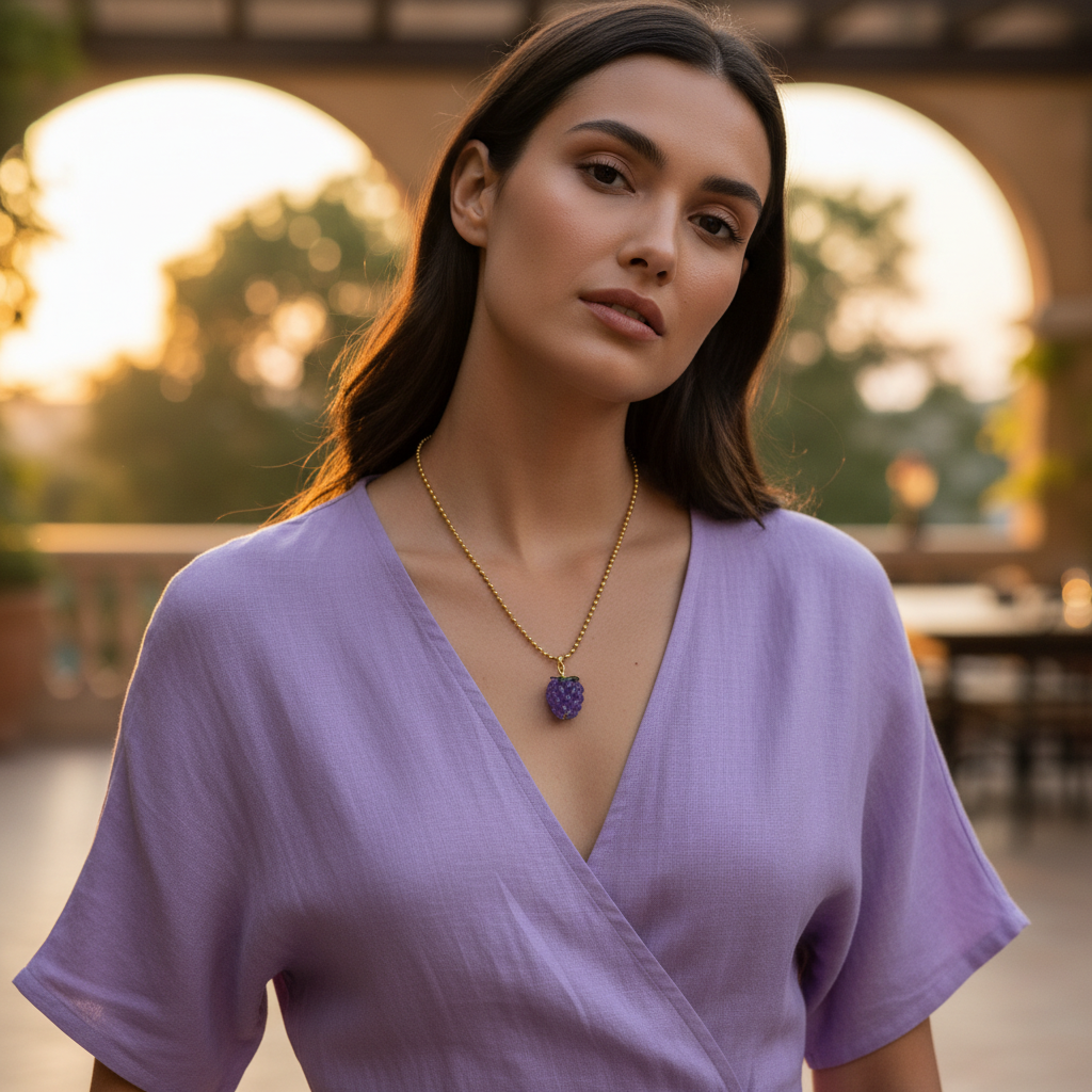 Woman wearing a purple top with a blurred outdoor background and the Vigna Grape Pendant Necklace