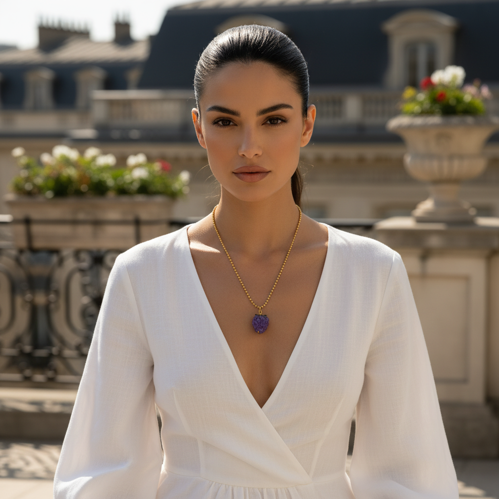 Woman in a white dress with a deep neckline and a necklace, standing in front of a building with flowers.