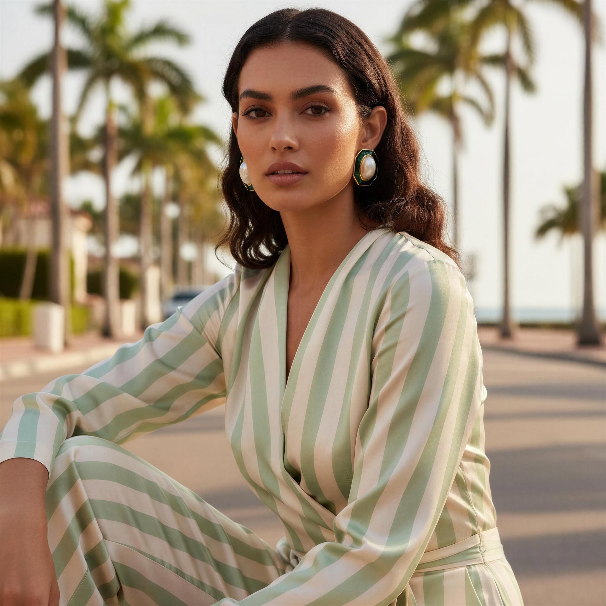 Woman in a green and white striped dress sitting outdoors with palm trees in the background wearing the Vintage Verde Studs.