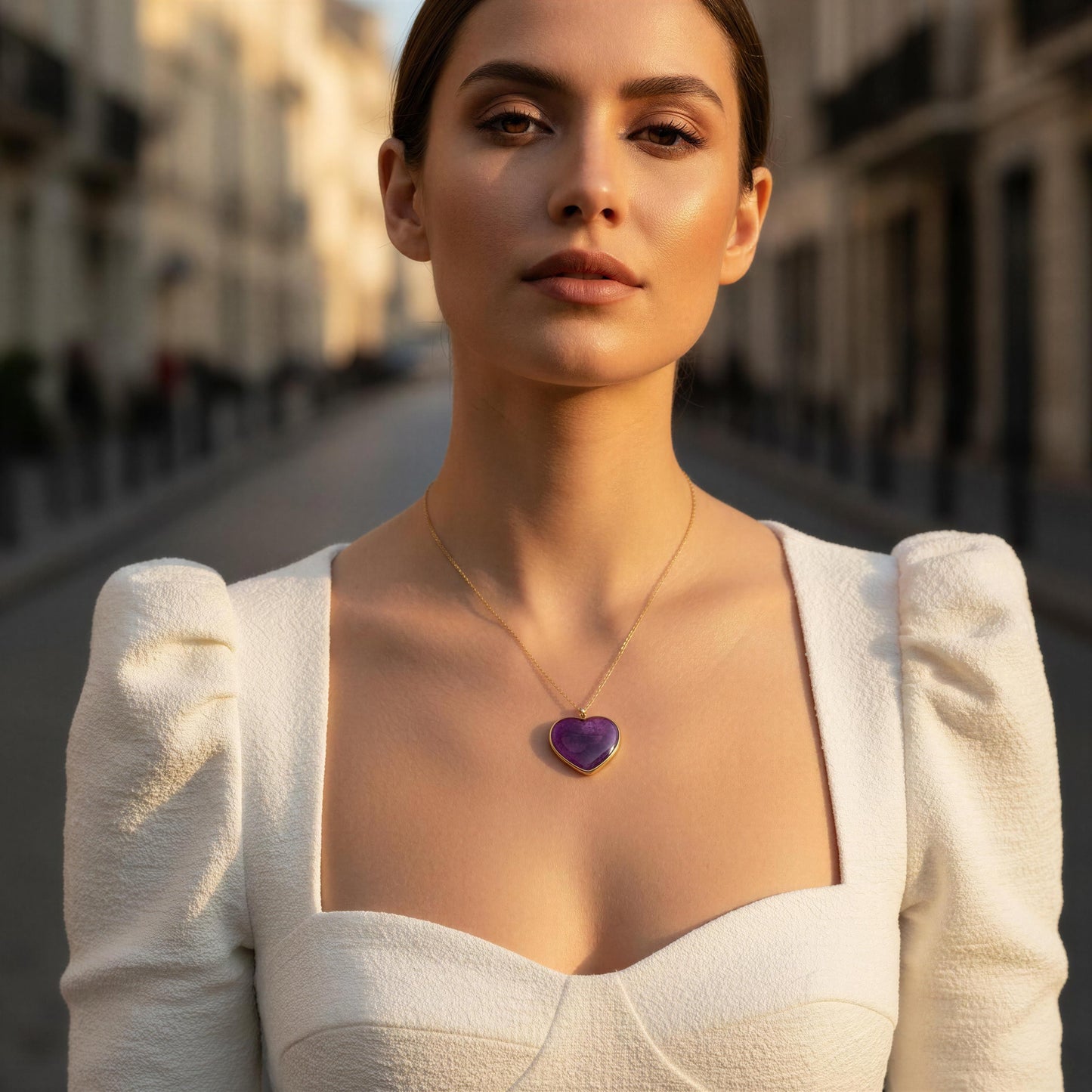 Woman wearing the Viola_Heart_Necklace with a purple heart pendant on a city street.