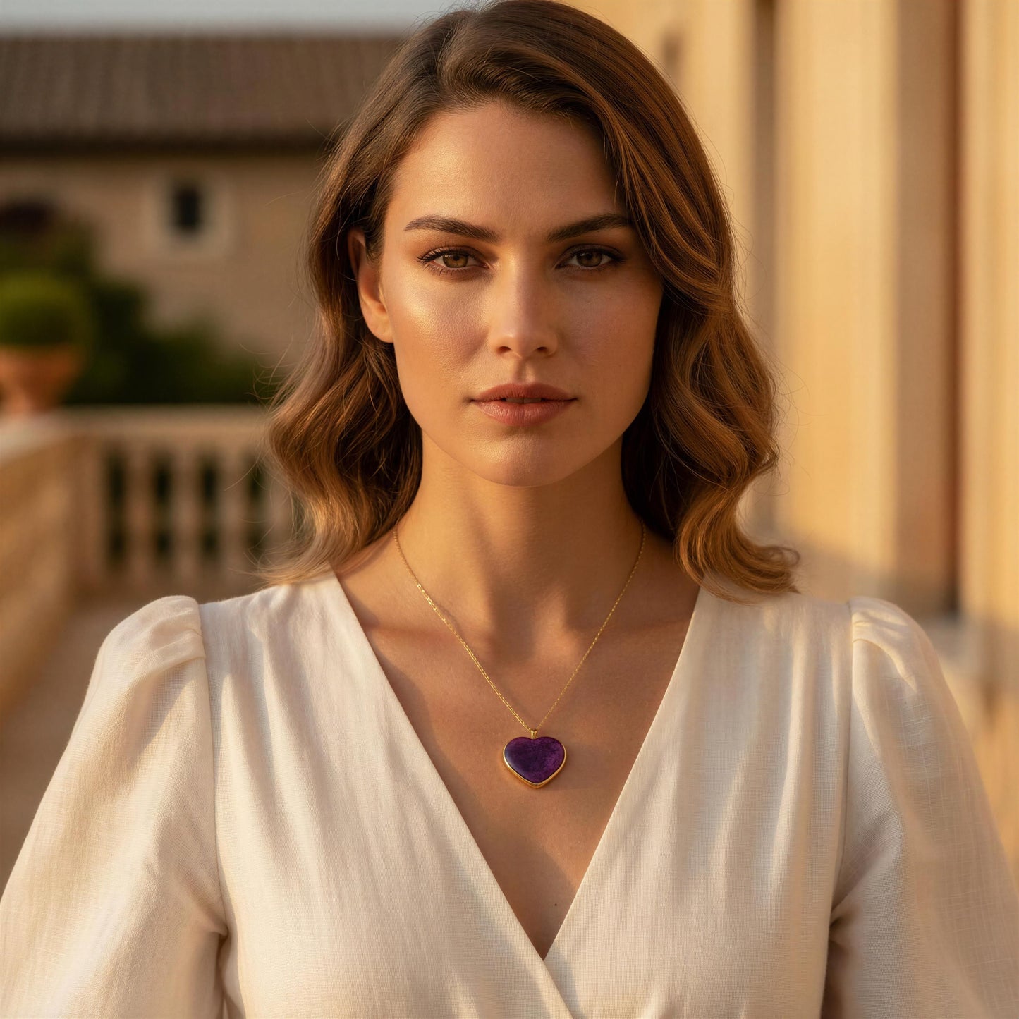 Woman wearing a white top and the Viola_Heart_Necklace  with a purple heart pendant on outdoor terrace.
