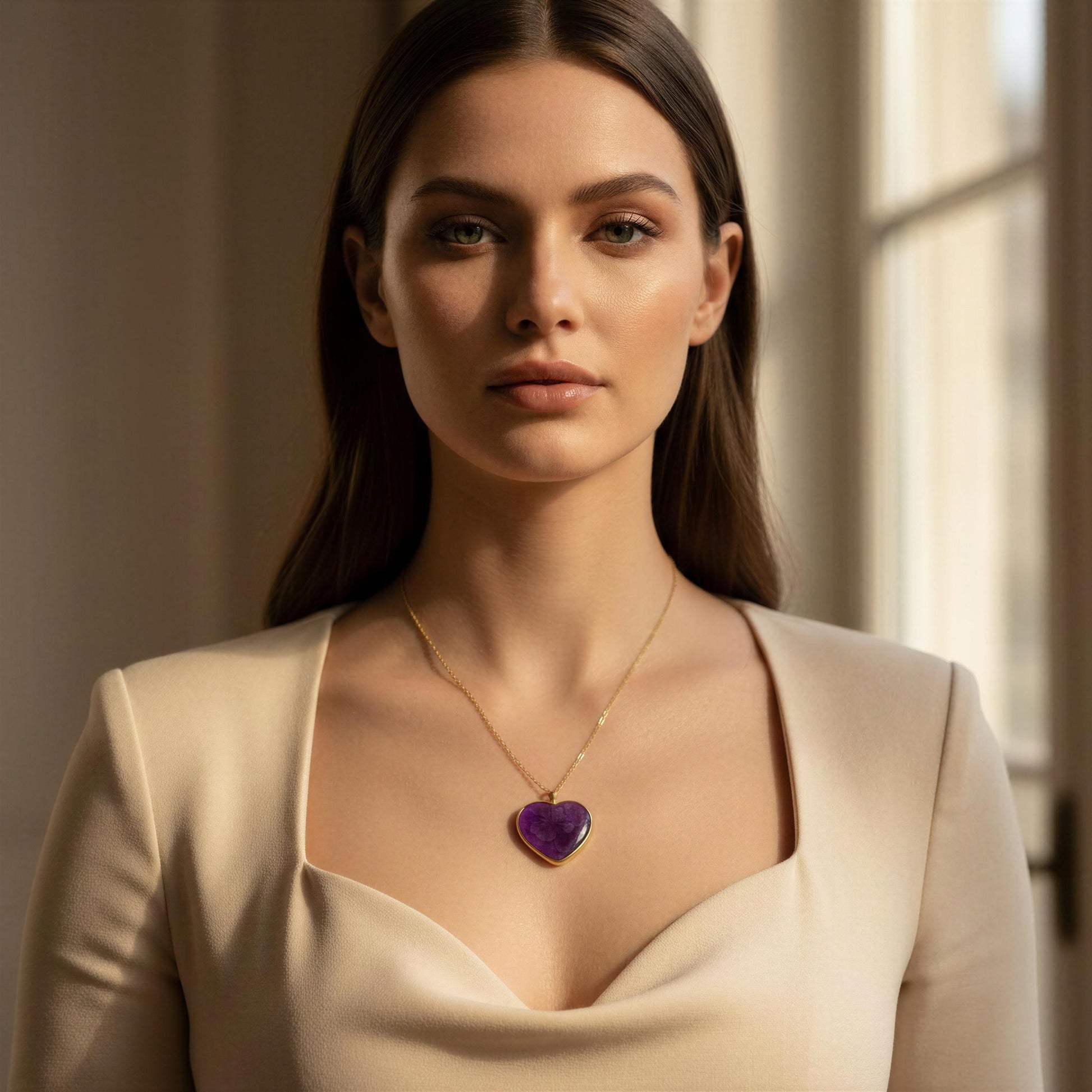 Woman wearing the Viola_Heart_Necklace with a purple heart pendant in a softly lit room.