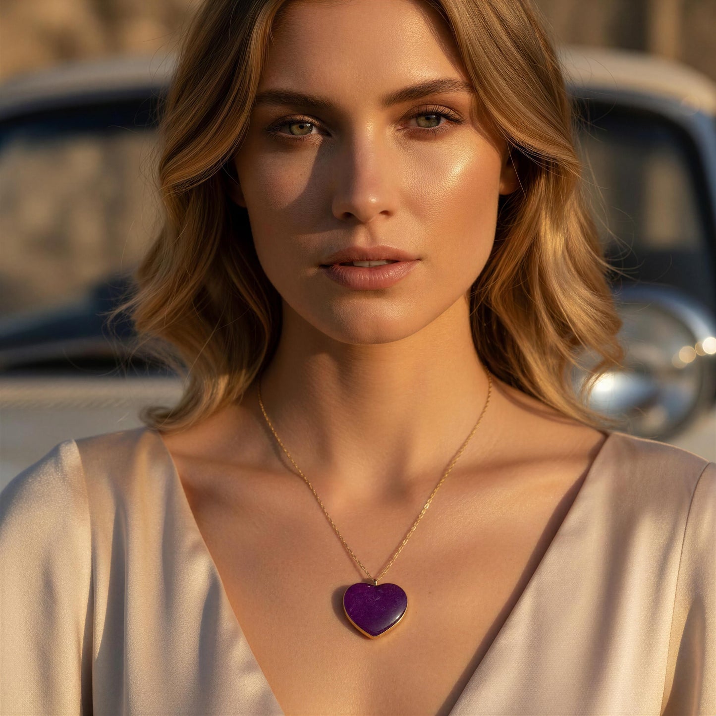 Woman wearing the Viola Heart Necklace from Chica Chica Jewelry in front of a car.
