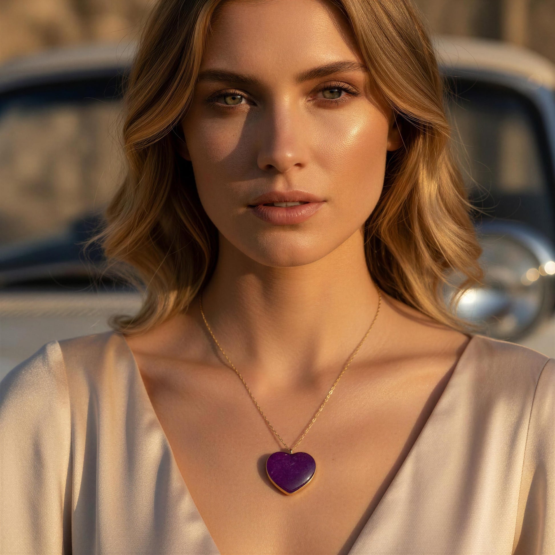 Woman wearing the Viola Heart Necklace from Chica Chica Jewelry in front of a car.