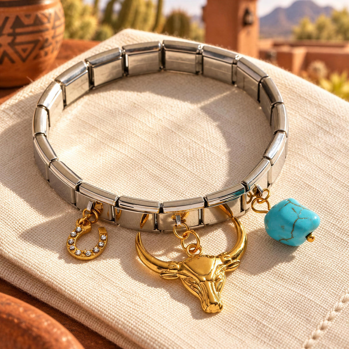 Desert Spirit Bracelet against a napkin at restaurant table.