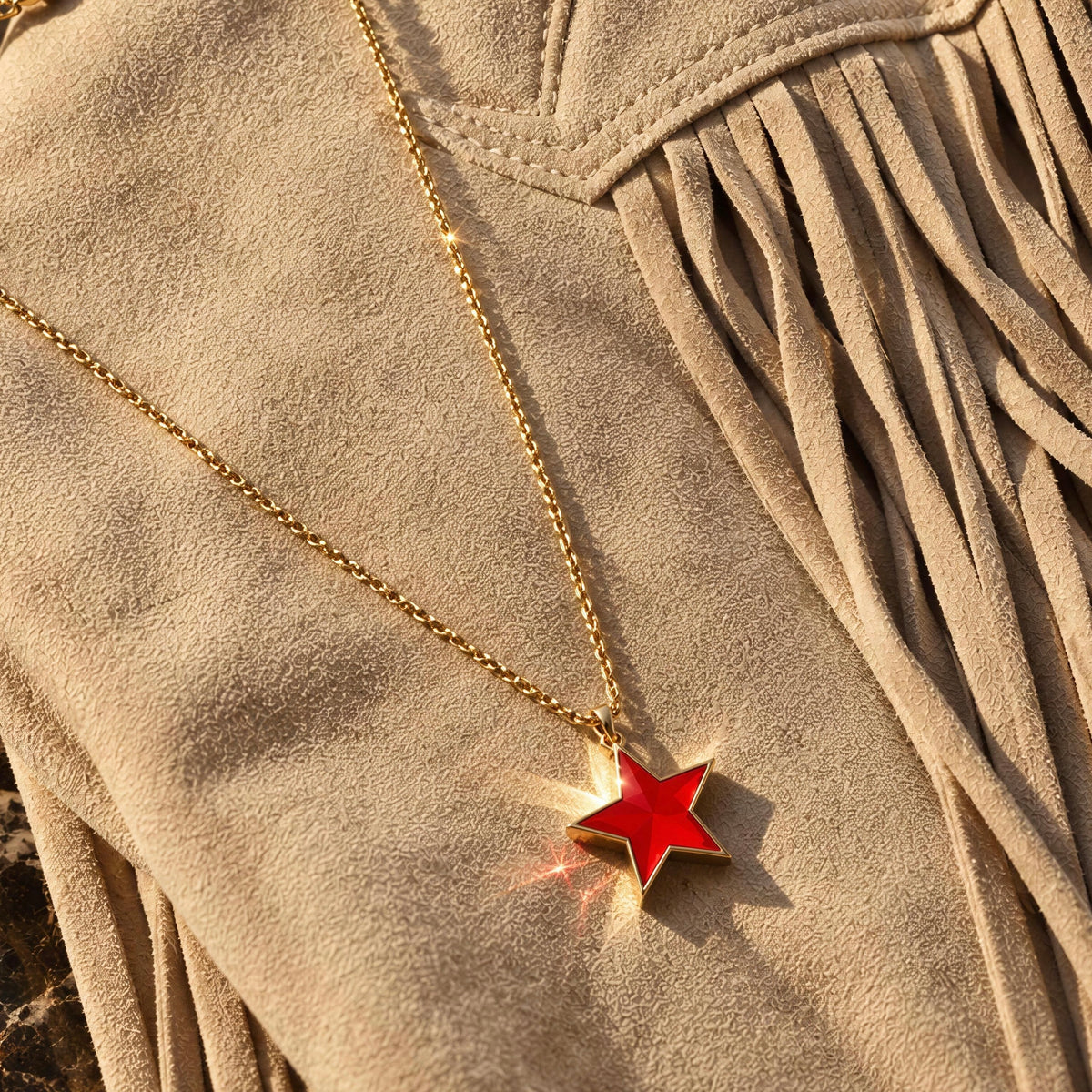 The Fuchsia Star Necklace from Chica Chica Jewelry against a suede leather ivory jacket with fringes.
