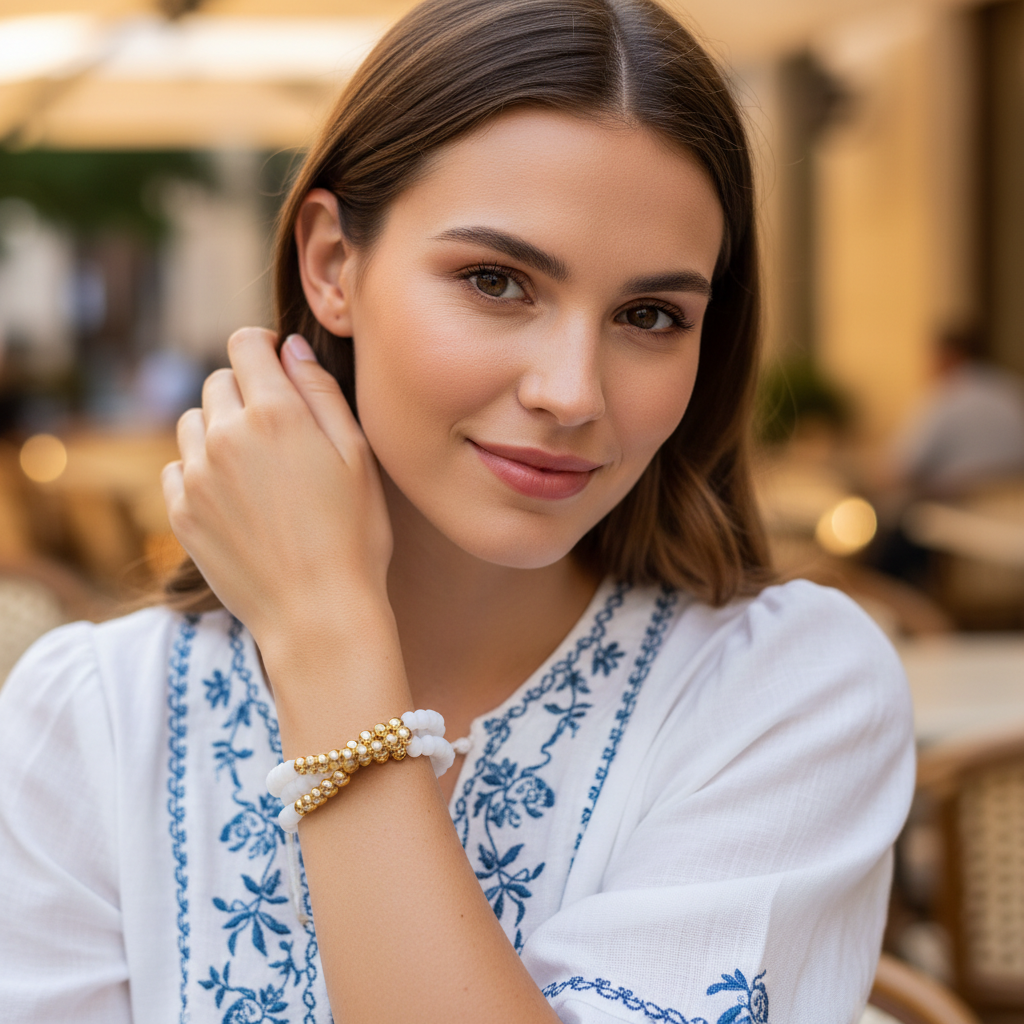 Woman wearing a white blouse with blue embroidery, sitting in a blurred outdoor setting wearing the White & Gold Stack Bracelet