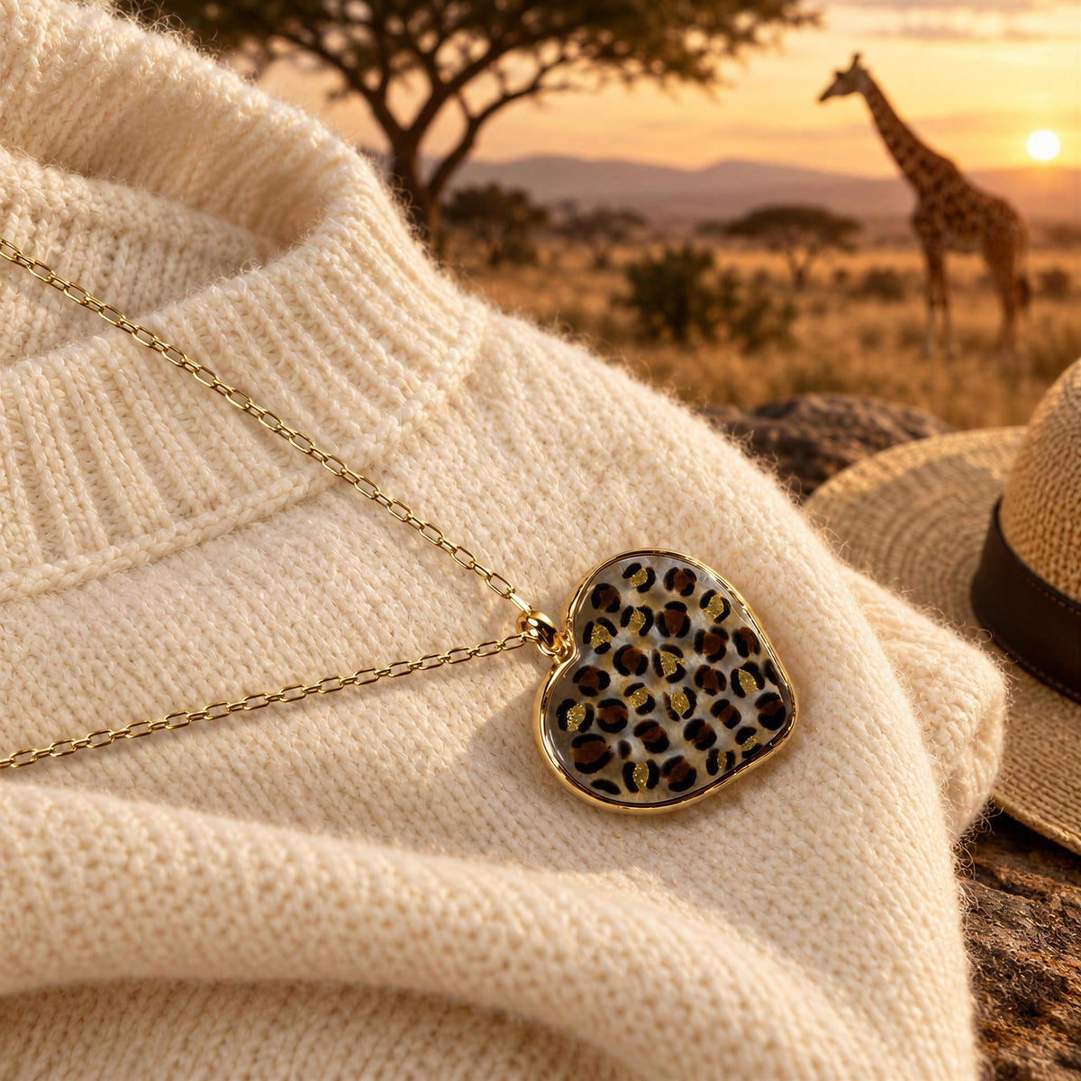 The Wild Heart Necklace from Chica Chica Jewelry against a sweater by African safari scenery.