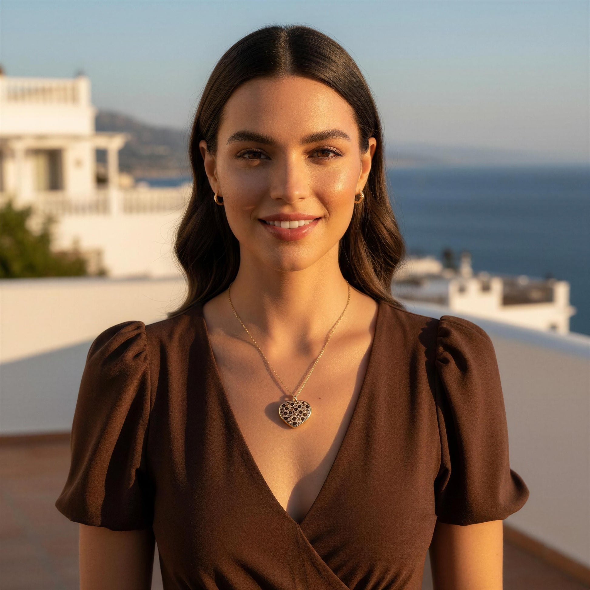 Woman in a brown dress with a scenic background of ocean and buildings wearing the Wildheart Necklace. 
