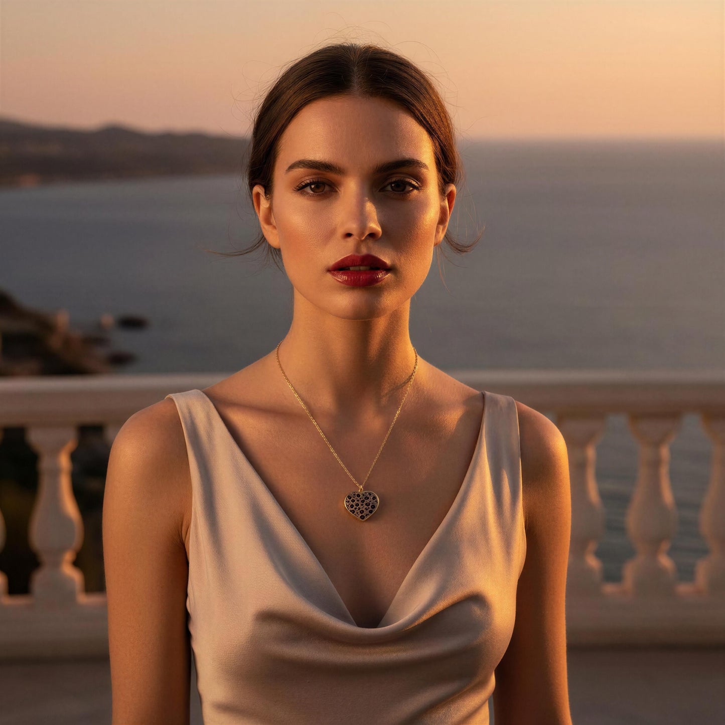 Woman wearing the Wildheart Necklace on terrace at sunset hour. 