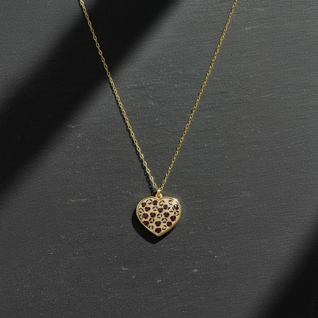 The Wildheart Necklace ; Gold heart-shaped necklace with embedded stones on a dark surface