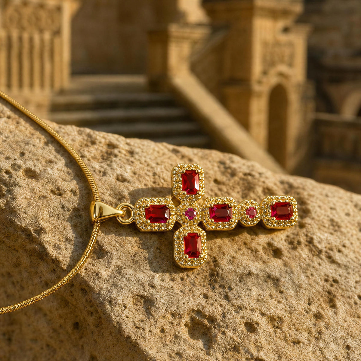 Gold cross pendant necklace with red gemstones, resting on a textured beige stone surface with a blurred architectural background.