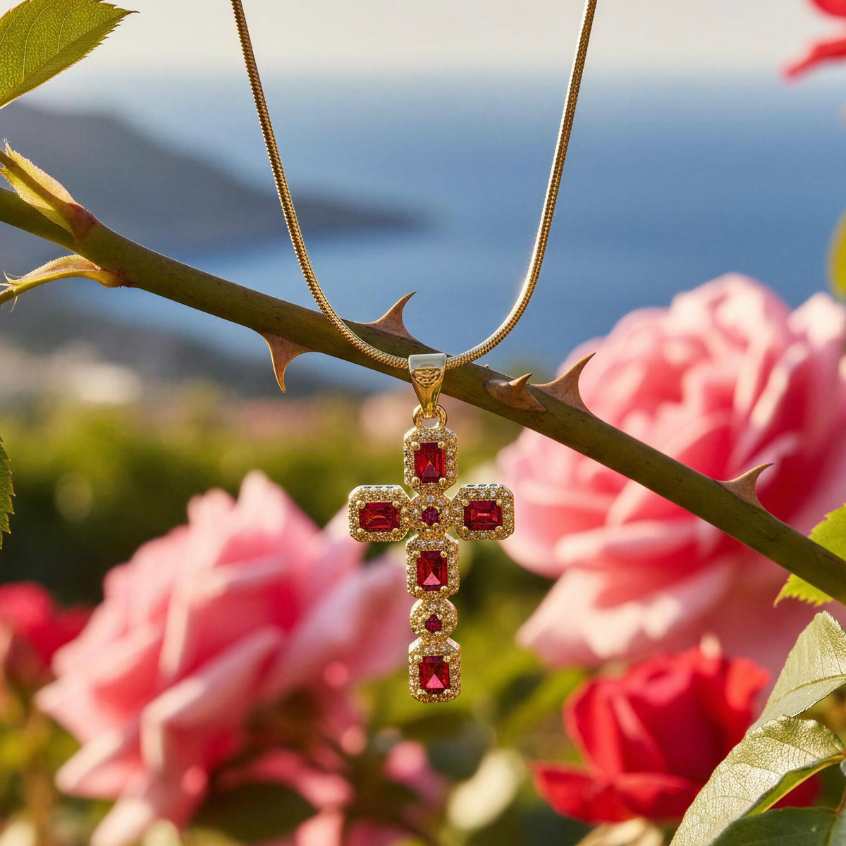 A gold cross pendant necklace with red gemstones and clear stones, hanging from a gold chain on a rose branch with pink roses and a blurred blue sea background.