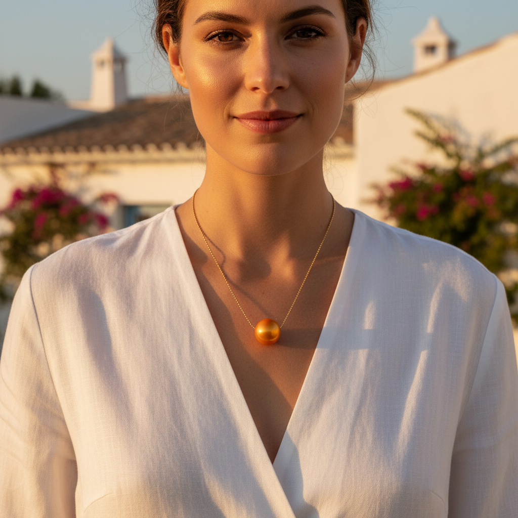 Woman wearing a white top and the tangerine-petite-sphere necklace with a yellow pendant, standing outdoors.
